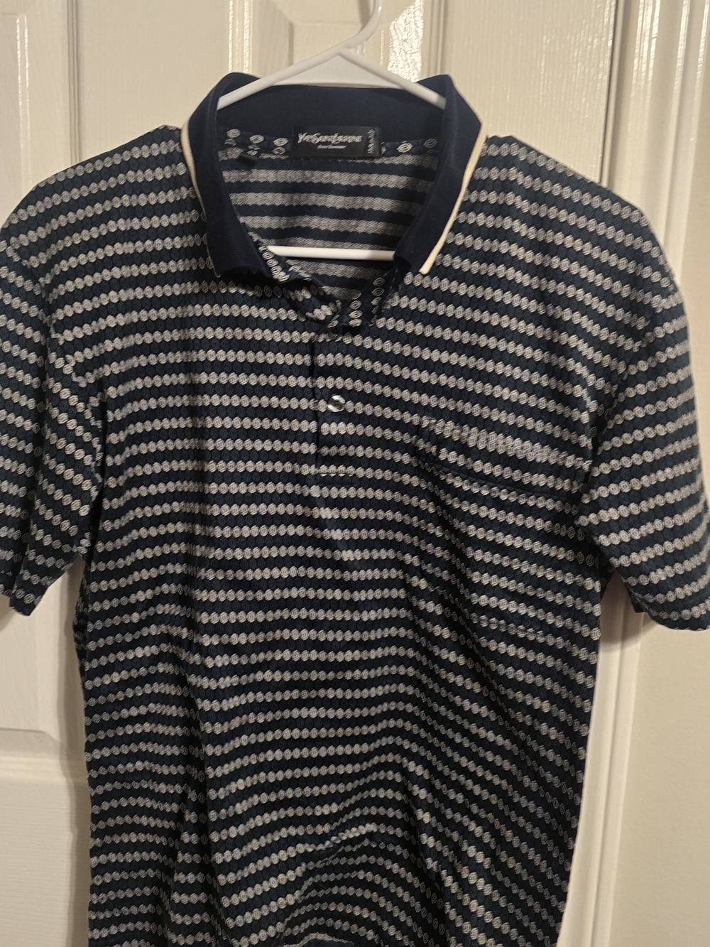 Yves Saint Laurent Navy and White Striped Dot-Pattern Polo